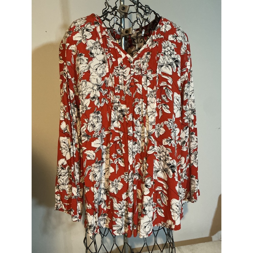 Fun2Fun Red Floral Pintuck V-Neck Blouse Long Sleeve Rayon Top Large‎ FD87110S-9